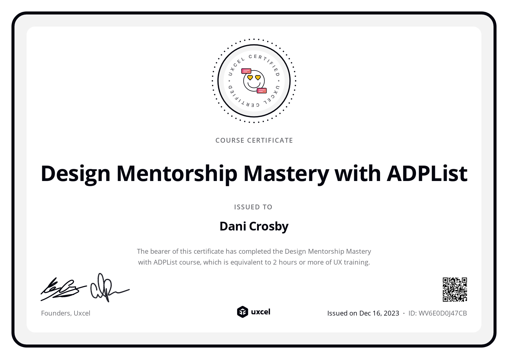 Dani Crosby's certificate